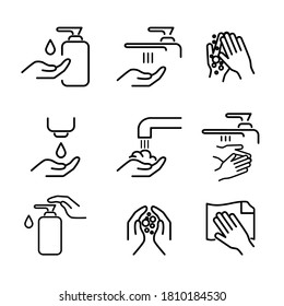 Set of contour linear icons of hand washing, hand hygiene, disease prevention on a white background. Vector dimensionless illustration.