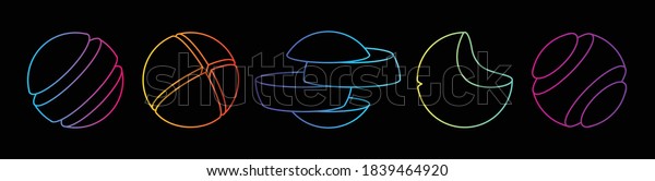 A set of contour\
logos in the form of spheres divided into parts on a black\
background. Neon glow.\
Gradient.
