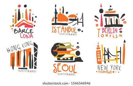 Conjunto de logotipos de contorno para el turismo. Ilustración vectorial sobre fondo blanco.