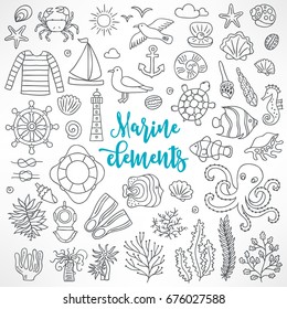 Set of contour marine elements. Fish, shell, crab, octopus, anchor, sea horse, coral, lifebuoy, turtle, seagull, lighthouse, seaweed, sailing boat, knot, pearl. Cartoon design