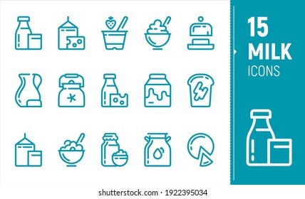 Juego de íconos de leche de contorno, íconos planos, bolsa de leche, jarra, mantequilla, queso de cabaña, queso. Producción de productos lácteos. Iconos de comida de granja.