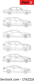 a set of contour models of cars (part 2). Jaguar top-down: XJ (X308), F-Pace,F-Type,E-Pace, XE,XK (XKR)