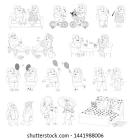 Set of contour monochrome images thick man and woman in different life situations