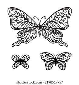 Set of contour patterned butterflies on a white background, vector monochrome clipart.