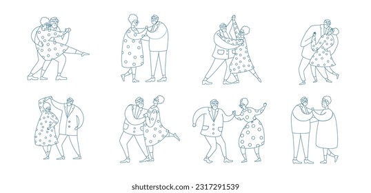 Set of contour Senior Couple Characters Dancing Waltz or Tango. Elderly People Active Lifestyle, Old Elegant Man and Woman in Love or Friend Relations Spend Time. Linear Vector Illustration