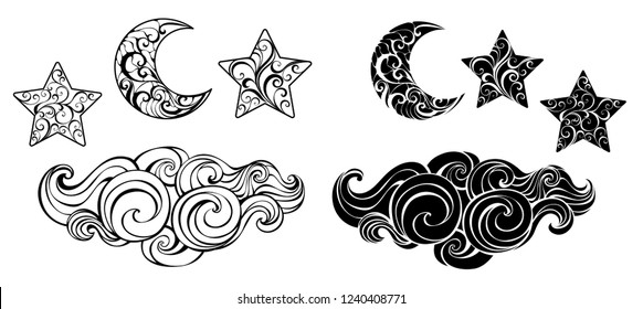 Set of contour and silhouette, artistically drawn black crescent, stars and clouds on white background.