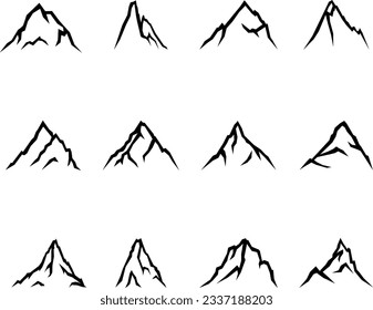 Conjunto de siluetas de contorno de montañas de diferentes formas