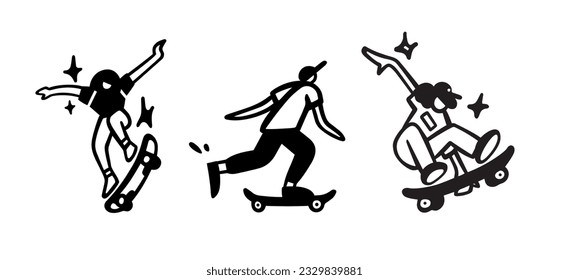 Set of contour silhouettes of skateboarders jumping tricks or ollie pushing with foot. Street culture, vector black and white style.