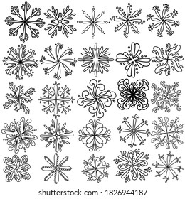 Conjunto de copos de nieve de contorno con patrones ornamentales, página de coloreado con dibujos a mano sobre un tema invernal, ilustración de contorno vectorial para diseño y creatividad