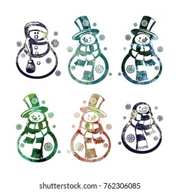 Set of contour snowmans on a white background. Christmas decoration. Color, mosaic, sparkling. Vector clip art.