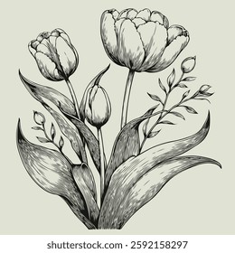 set of contour spring flowers line art floral, leaves, 
black and white illustration tulip, 
set of decorative elements of tulips plants