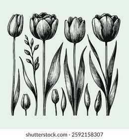 set of contour spring flowers line art floral, leaves, 
black and white illustration tulip, 
set of decorative elements of tulips plants