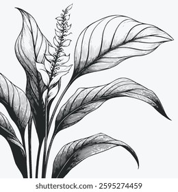set of contour spring flowers Spathiphyllum, line art floral, outline leaves, stems, black and white illustration Anthurium, decorative elements of plants stylized Aglaonema, flower Calla