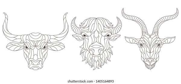 Set of contour stained glass elements with heads of horned animals,bison,bull  and goat, dark contours on white background