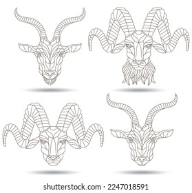 Set of contour stained glass elements with heads of horned animals,a ram and a goat, dark contours isolated on a white background