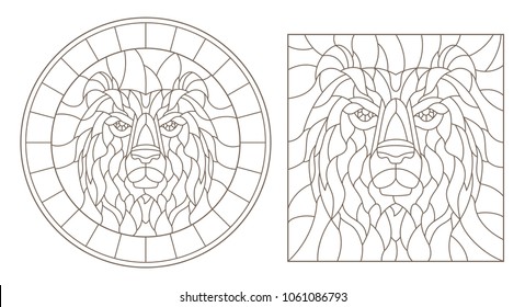 Set of contour stained glass illustrations with bear head, round and square image, dark outline on white background