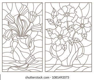 Set of contour stained glass illustrations, bouquets of flowers in vases, dark contours on a white background