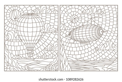 Set of contour stained glass illustrations with aerial landscape, dirigible and balloon on landscape background