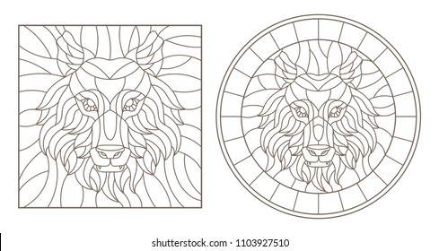 Set of contour stained glass illustrations with wolf head, round and square image, dark outline on white background