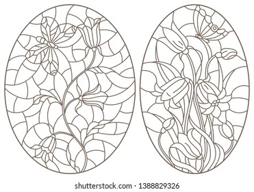 Set of contour stained glass illustrations with  flowers and  butterflies, dark contours on white background, oval images