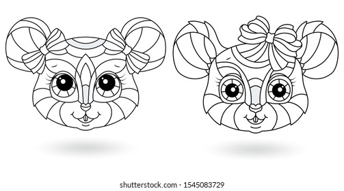Set of contour stained glass illustrations with heads of funny cartoon mice isolated on white background