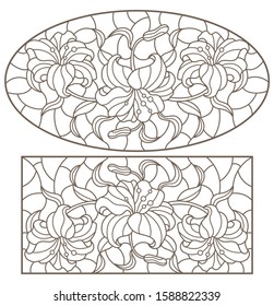 Set of contour stained glass illustrations with bouquets of Lily flowers, horizontal  oriented, dark outlines on white background