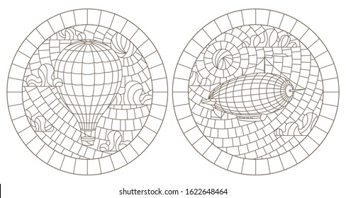 Set of contour stained glass illustrations with aerial landscape, dirigible and balloon on a sky background, oval images in frame