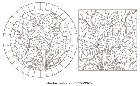 Set of contour stained glass illustrations with bouquets of Lily flowers, dark outlines on white background
