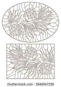 Set of contour stained glass illustrations with cedar cone on a branch , dark outlines on white background