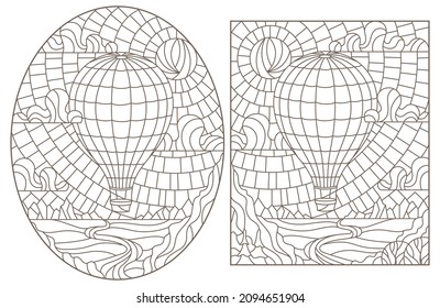 Conjunto de ilustraciones de vidrio manchado de contorno con paisaje aéreo, globo sobre fondo paisajístico, contornos oscuros sobre un fondo blanco