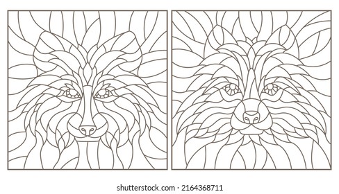 Set of contour stained glass illustrations with raccoon head, round and square image, dark outline on white background