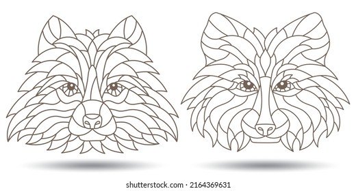 Set of contour stained glass illustrations with raccoon head, round and square image, dark outline on white background