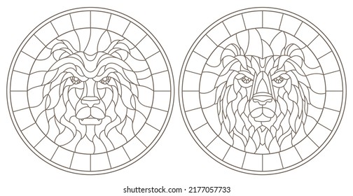 Set of contour stained glass illustrations with bear head, round and square image, dark outline on white background