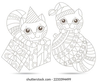 A set of contour stained glass illustrations with cute Christmas cats, animals isolated on a white background