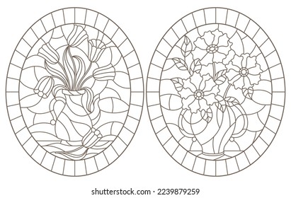 Set of contour stained glass illustrations, bouquets of flowers in vases, dark contours on a white background