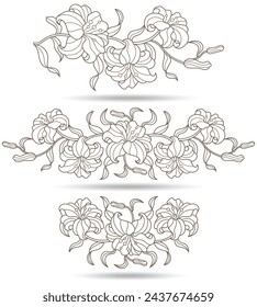 Set of contour stained glass illustrations with bouquets and lilies flowers, horizontal  oriented, dark outlines on white background