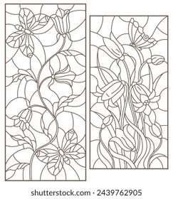 Set of contour stained glass illustrations with  flowers and  butterflies, dark contours on white background