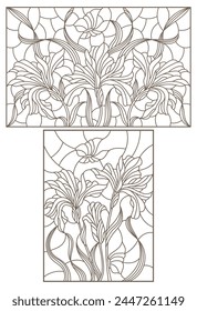 Set of contour stained glass illustrations with bouquets and flowers irises, horizontal  oriented, dark outlines on white background