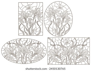 Set of contour stained glass illustrations with bouquets and flowers irises, horizontal  oriented, dark outlines on white background