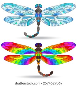 A set of contour stained glass windows with dragonflies and flowers, dark outlines on a white background