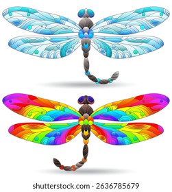 A set of contour stained glass windows with dragonflies and flowers, dark outlines on a white background