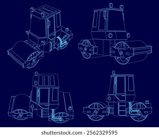 Set of contour steamroller for paving asphalt. Road working roller truck. Asphalting machine 3d isometric design. Road pavement improvement on highway. Vector illustration