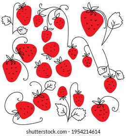 Set of contour strawberry doodle on a colored spot, red juicy fruits or berries for design vector illustration