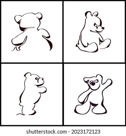 Set of contour toy teddy bears on white background
