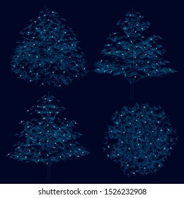 Set with a contour of trees from blue lines on a dark background with luminous lights. Vector illustration.