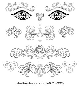 Set of contour of two eyes separately, parts of the eyeball and eyebrows of the human body with the contour of plant elements, scribble and fantasy pattern for decoration or tattoo
