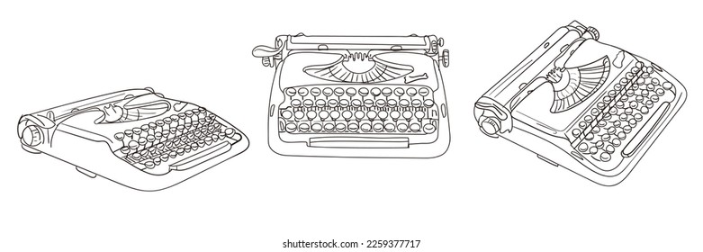 A set of contour typewriters for the holiday. Writer's Day. Poets' Day. Typewriter on a white background. World Writers' Day with a contour retro typewriter in different angles. Linear vector graphics