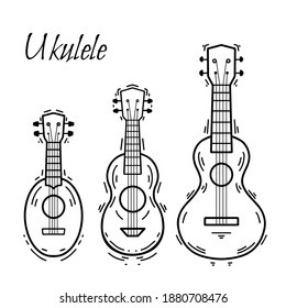 Set of contour ukulele with decoration. Hawaiian music. Musical string instrument. Vector outline element for postcards, banners, coloring pages and your creativity