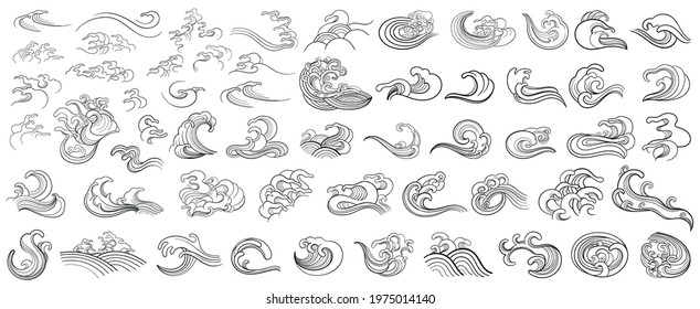 Set of contour vector elements with sea waves to create your design. Oriental style, hand drawing.