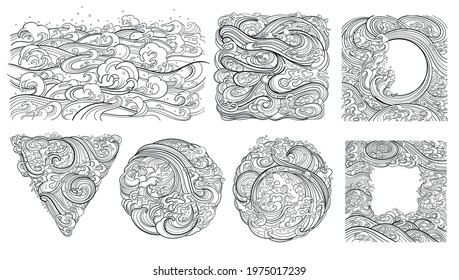 Set of contour vector elements with sea waves to create your design. Oriental style, hand drawing. Geometrically shaped, frames, templates.